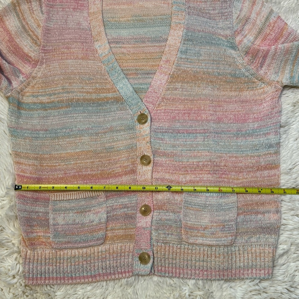 J. Crew Pastel Multicolor Rainbow V-Neck Cotton Button Front Cardigan - Picture 9 of 10